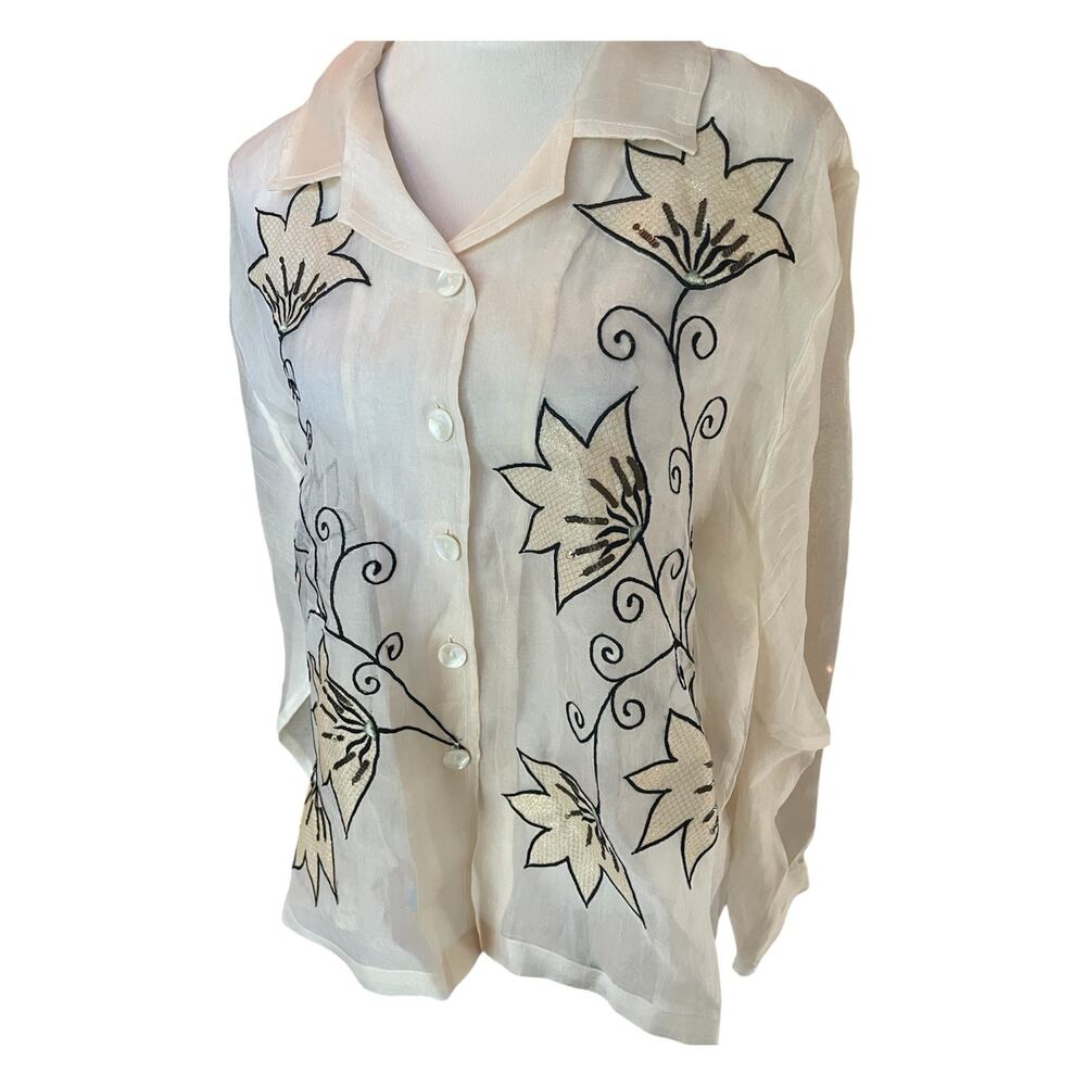 Stunning Vintage Patchington 100% Silk Floral Embroidered Sheer Blouse Top